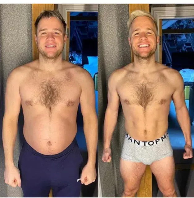 Before and after photos of a man's body transformation.
